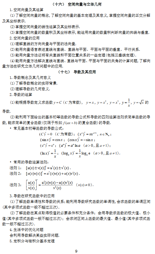 2018年高考全国统一考试大纲：理科数学