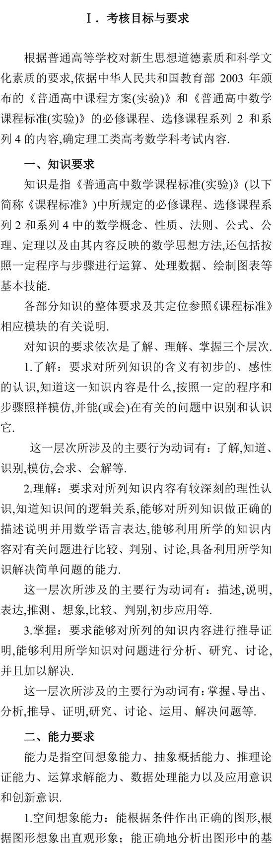 2019普通高等学校招生全国统一考试大纲：理科数学