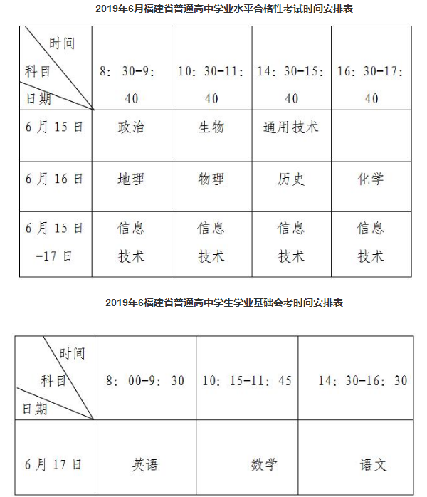 2019福建学考会考报名及考试时间安排