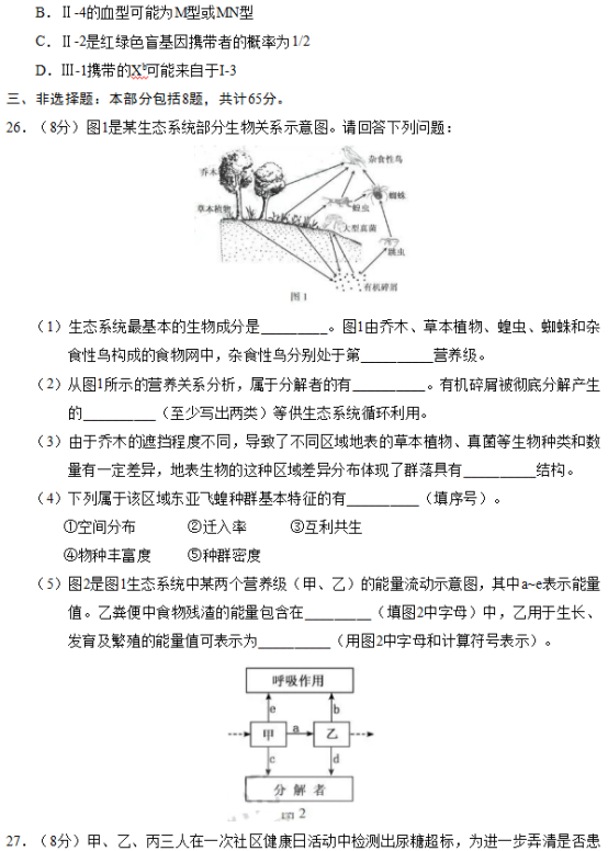 2019江苏高考生物试题（word精校版）