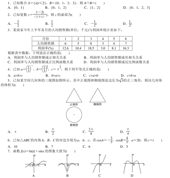 2020年高考文科数学考前押题【及答案】