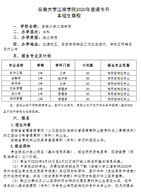 安徽大学江淮学院2020年普通高校专升本招生章程