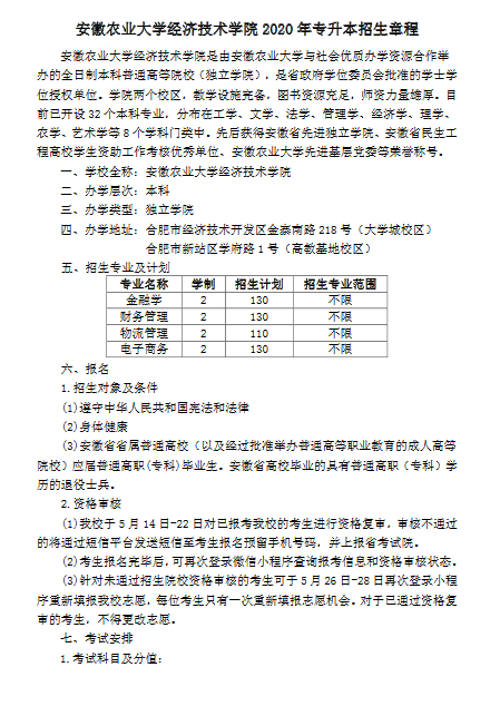 安徽农业大学经济技术学院2020年普通高校专升本招生章程