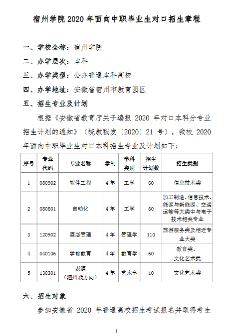 宿州学院2020年面向中职毕业生对口招生章程