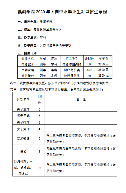 巢湖学院2020年面向中职毕业生对口招生章程