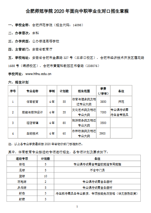 合肥师范学院2020年面向中职毕业生对口招生章程