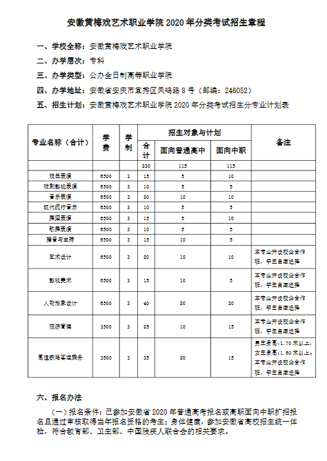 安徽黄梅戏艺术职业学院2020年分类考试招生章程