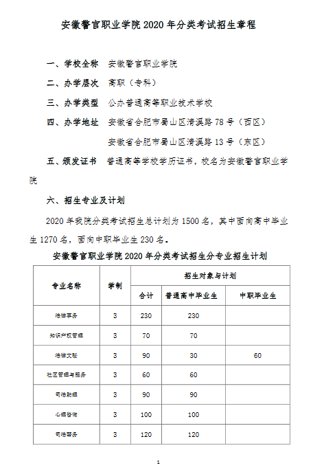 安徽警官职业学院2020年分类考试招生章程