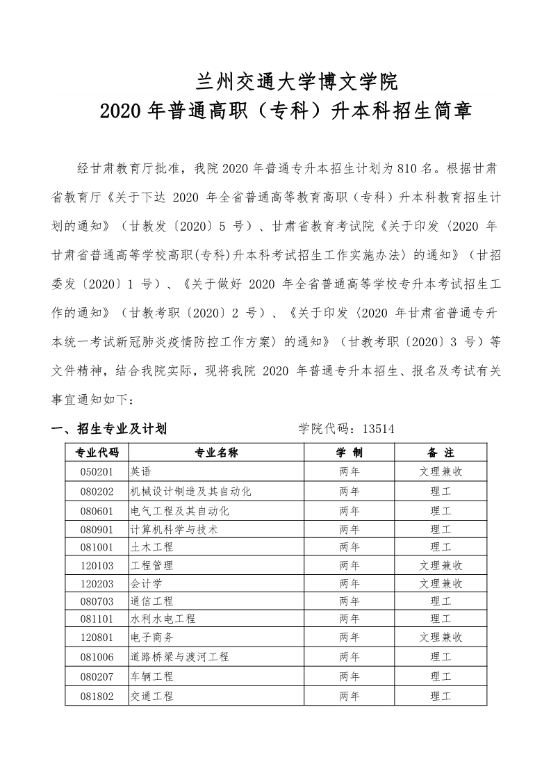 兰州交通大学博文学院2020年普通高职（专科）升本科招生简章