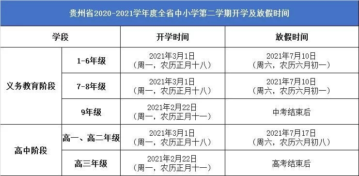 2020-2021学年度贵州省中小学开学放假时间