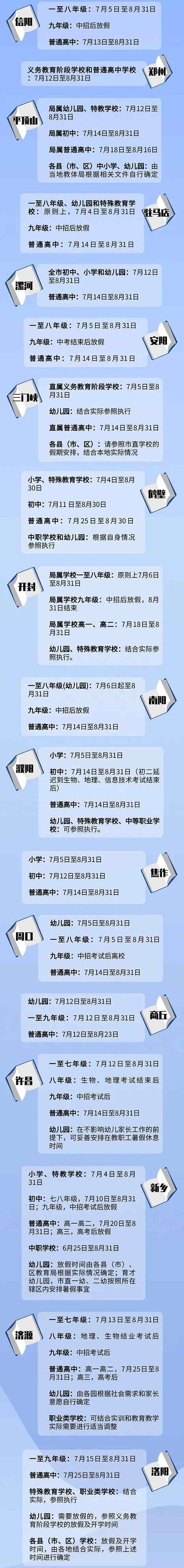 2020河南中小学暑假放假及开学时间