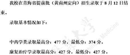 2020天津中医药大学提前批录取分数线