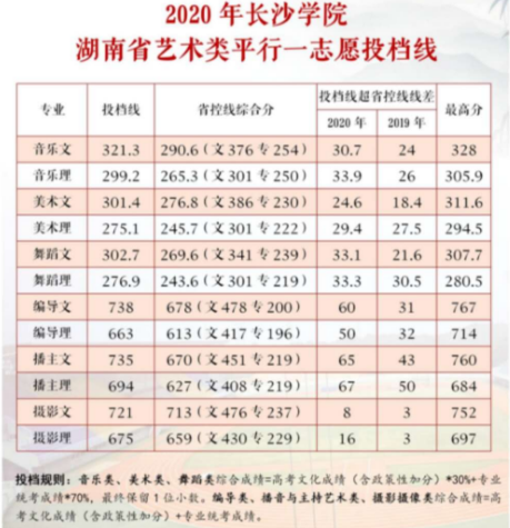 2020长沙学院艺术类录取分数线