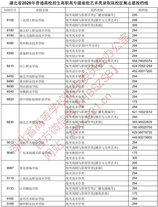 2020湖北专科提前批艺术类征集志愿投档线