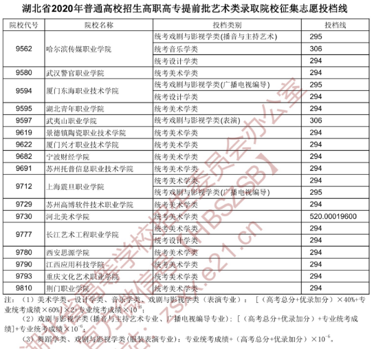 2020湖北专科提前批艺术类征集志愿投档线