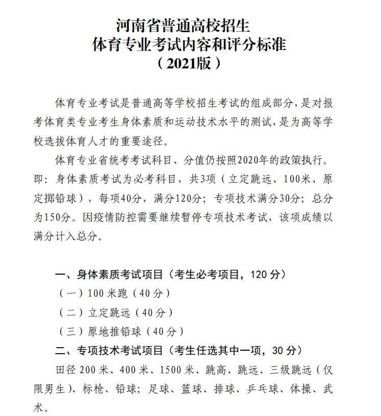 2021年河南高考体育专业考试内容及评分标准