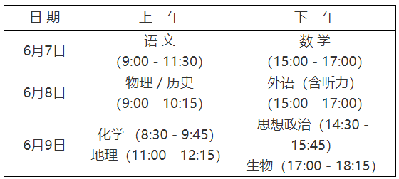 2021年湖南高考时间及考试科目