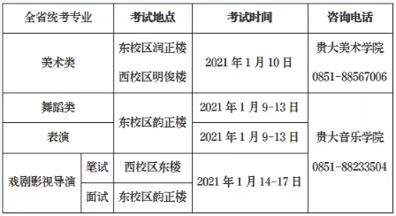 2021贵州艺术类统考考试时间及考点