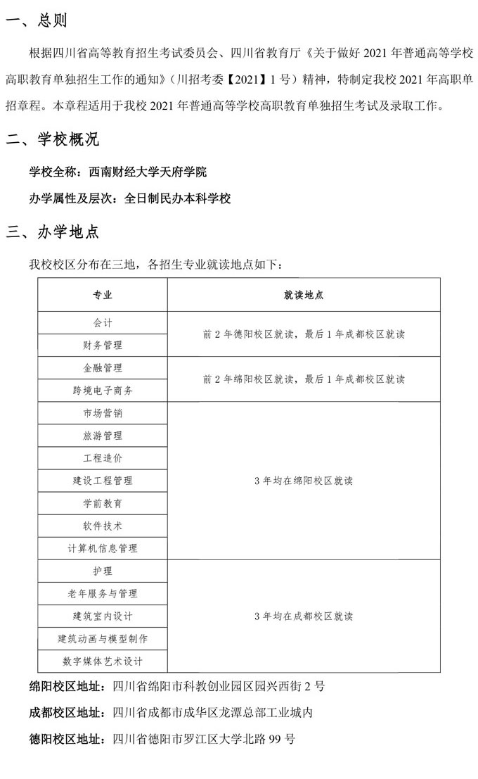 2021年西南财经大学天府学院高职单招招生简章