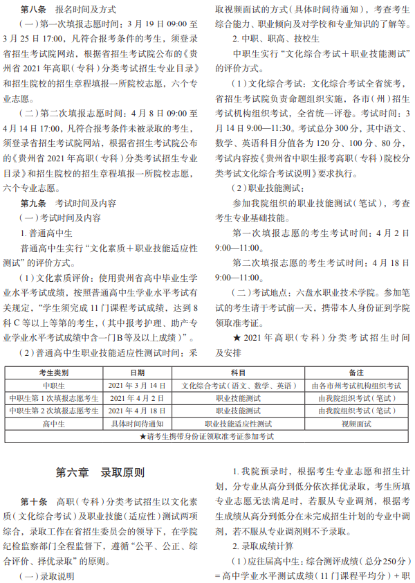 2021六盘水职业技术学院分类考试招生章程