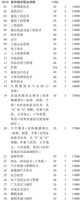 2021贵州城市职业学院分类考试专业及计划