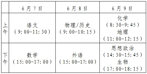 河北2021高考时间及科目安排