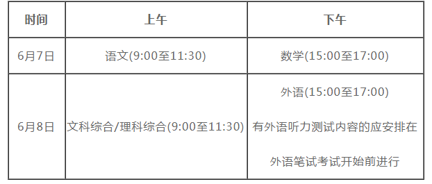 安徽2021高考时间及科目安排