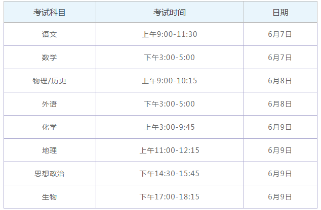 湖南2021高考时间及科目安排