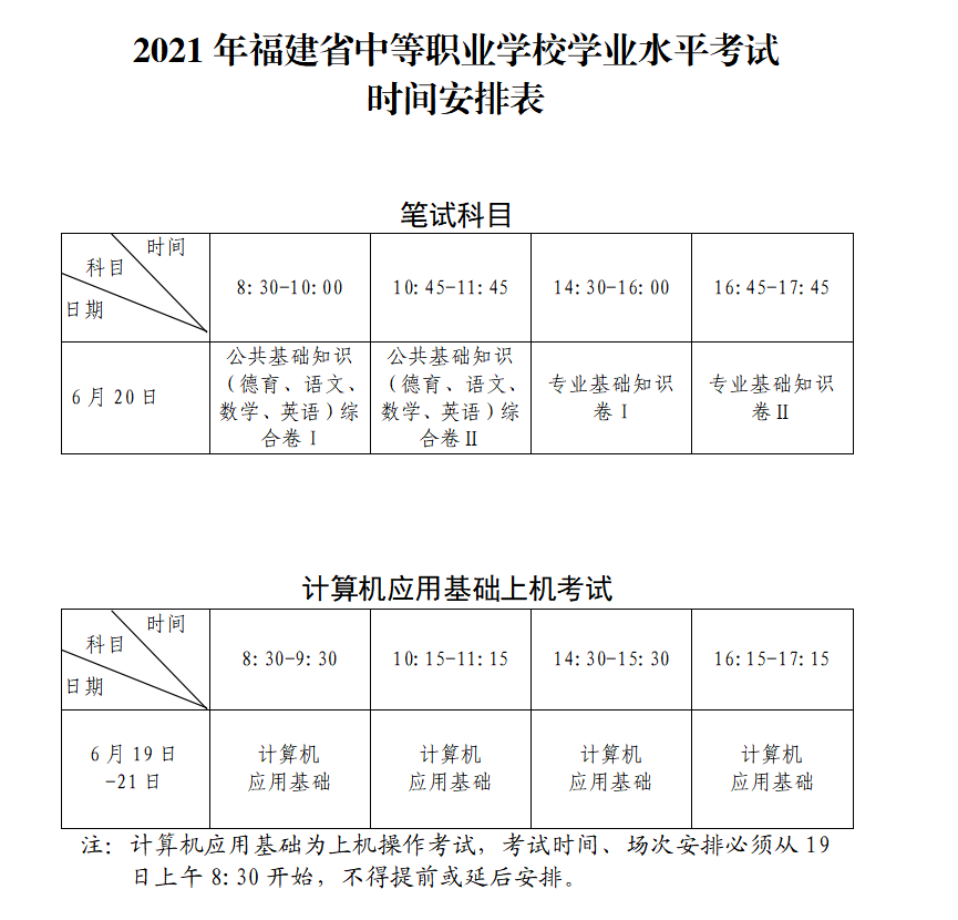 福建2021年中等职业学校学业水平考试时间 什么时候考试