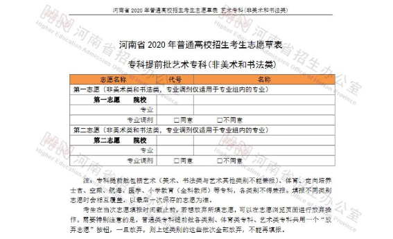 2021年河南高考志愿填报表范本样表模拟志愿表