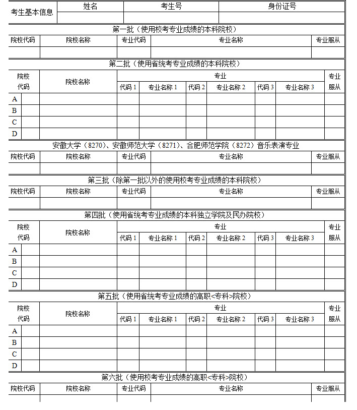 2021年安徽高考志愿填报表范本样表模拟志愿表