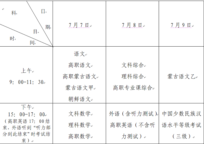 内蒙古：关于2020年普通高考时间安排的通知