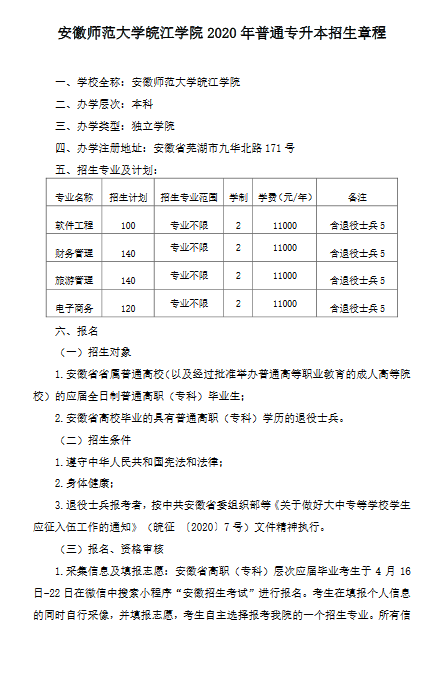 安徽师范大学皖江学院2020年普通高校专升本招生章程