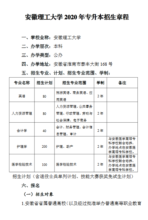 安徽理工大学2020年普通高校专升本招生章程