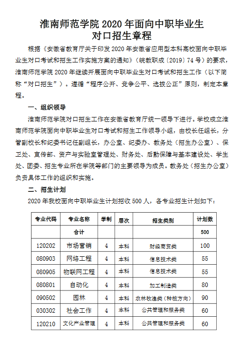 淮南师范学院2020年面向中职毕业生对口招生章程