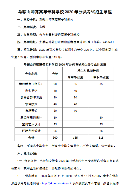 马鞍山师范高等专科学校2020年分类考试招生章程