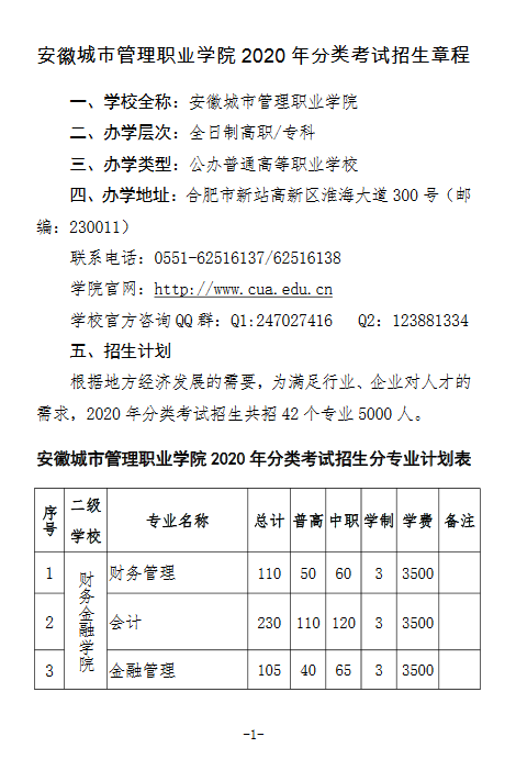 安徽城市管理职业学院2020年分类考试招生招生章程