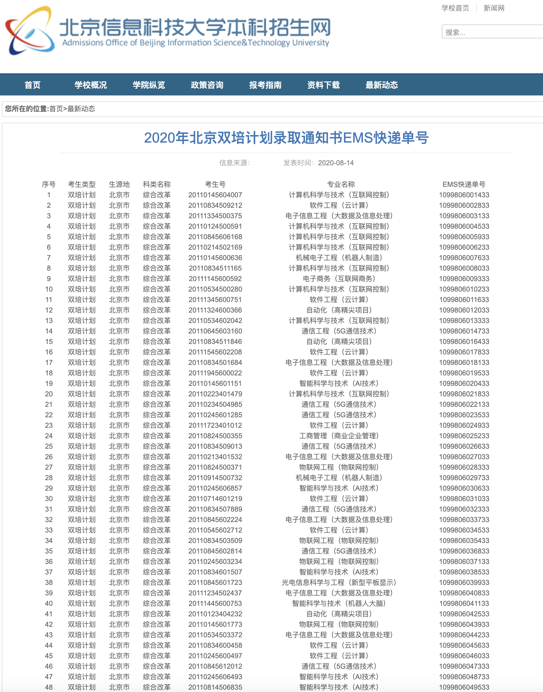 北京信息科技2020年北京双培计划录取通知书EMS快递单号