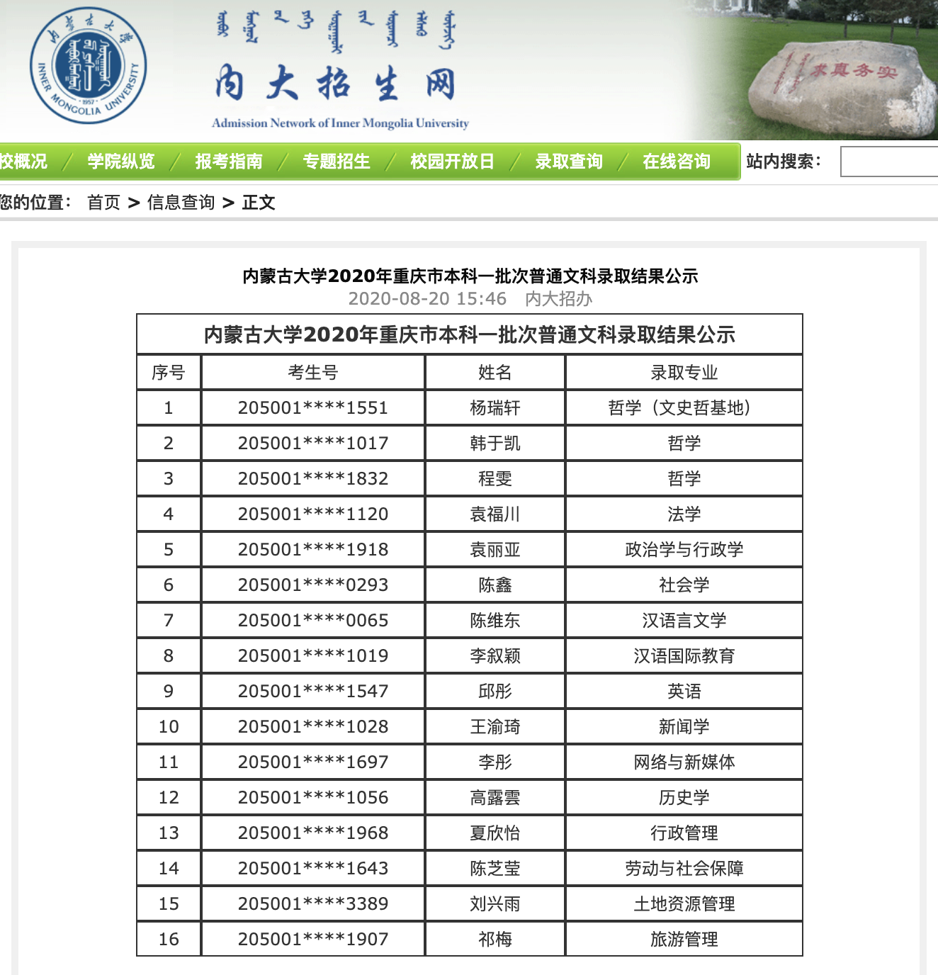 内蒙古大学2020年重庆市本科一批次普通文科录取结果公示