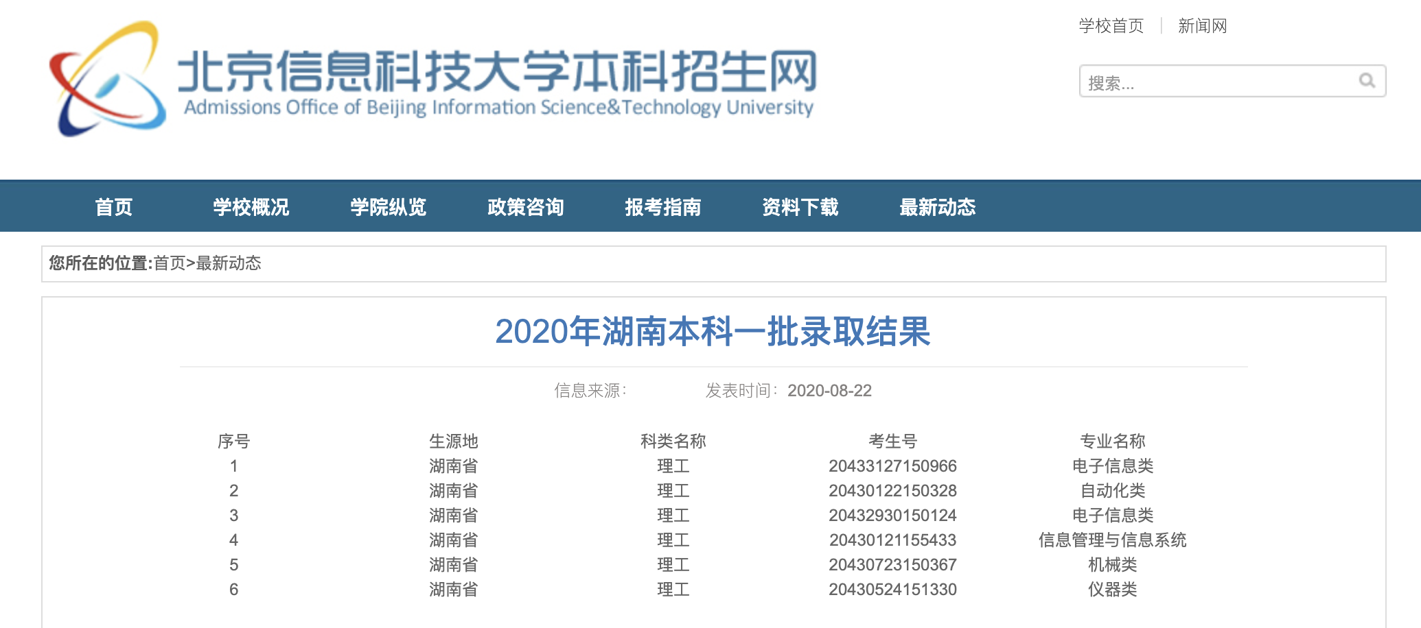 北京信息科技大学2020年湖南本科一批录取结果