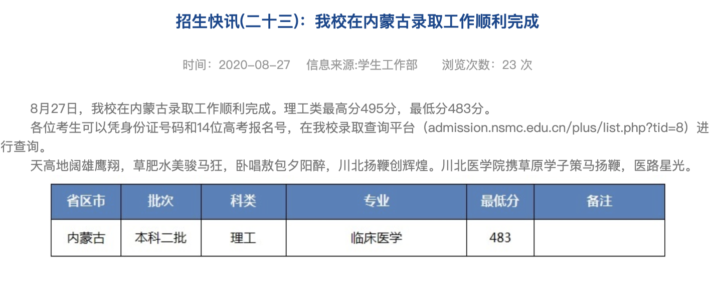 川北医学院2020高考内蒙古录取查询及录取最低分