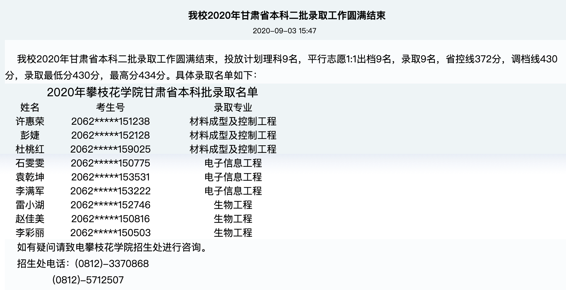 攀枝花学院2020年甘肃省本科二批录取名单