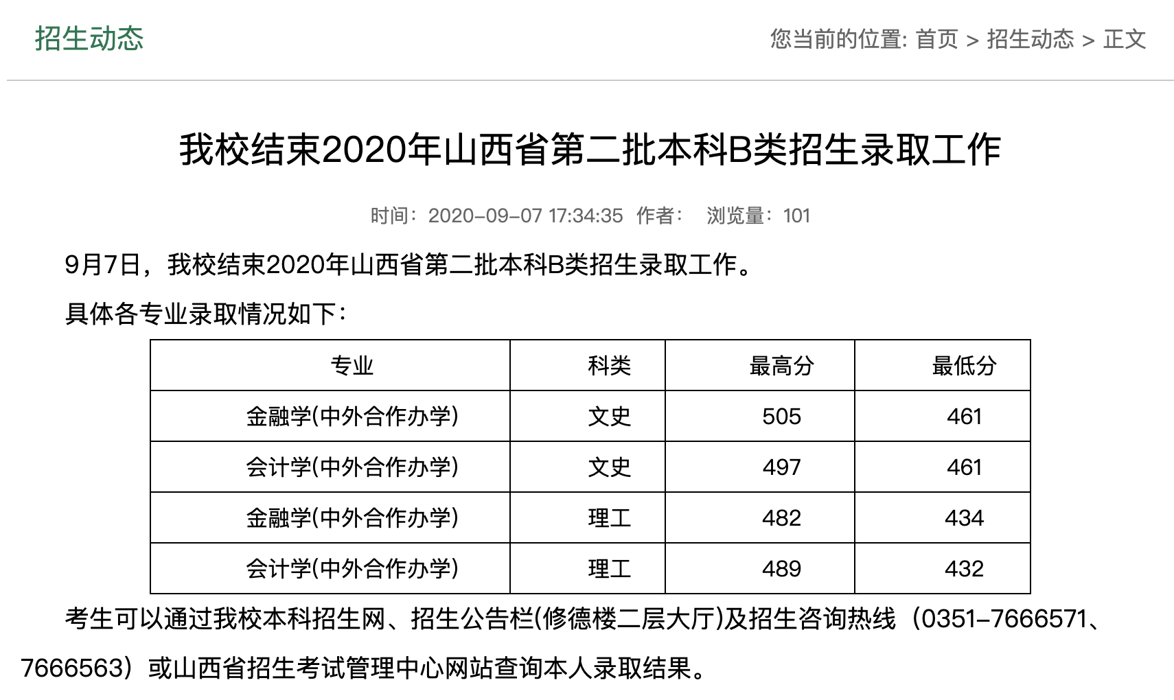 山西财经大学2020年山西省第二批本科B类招生录取分数