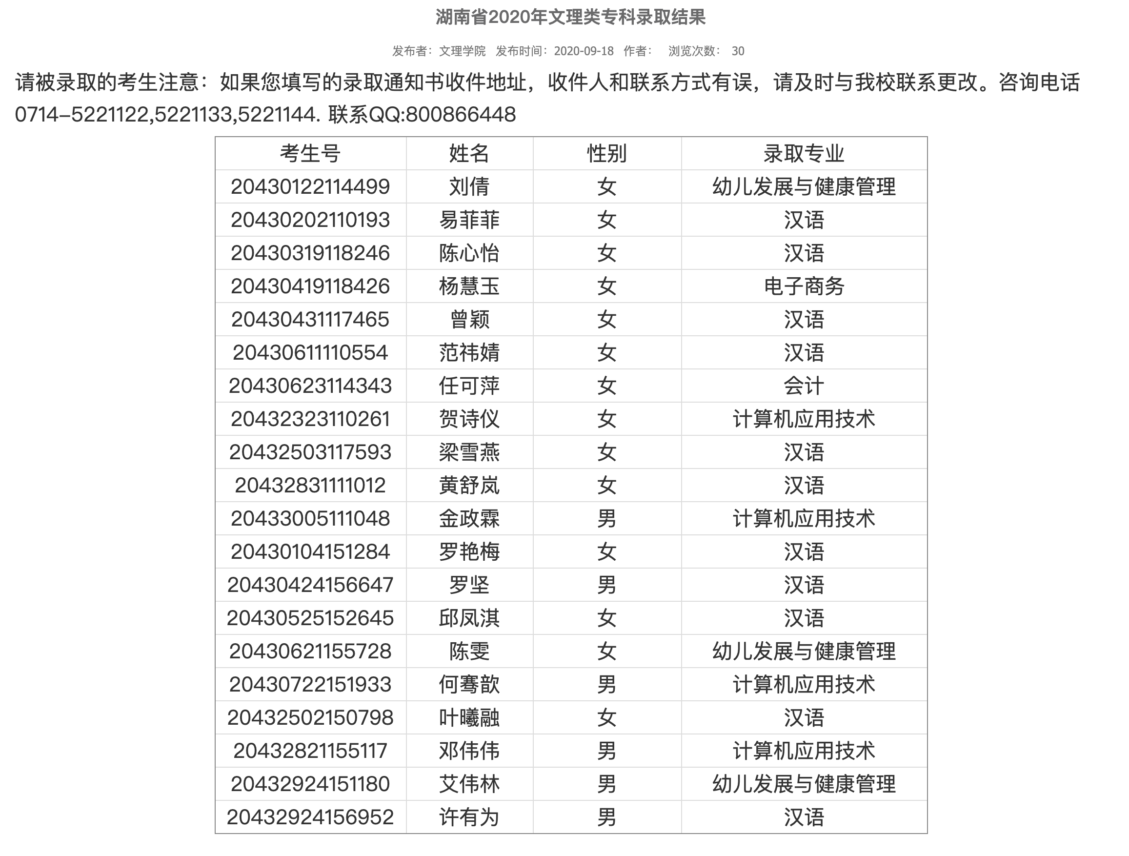 湖北师范大学文理学院2020年湖南省文理类专科录取名单