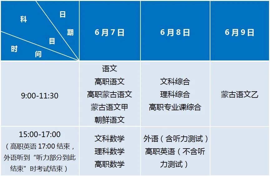 内蒙古：2021年普通高考时间安排公布