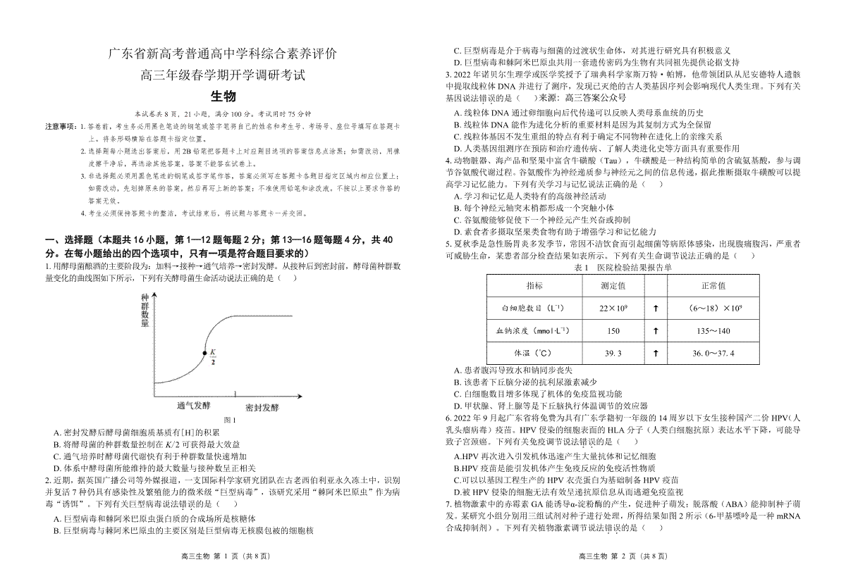 广东省新高考普通高中学科综合素养评价二月联考试卷—生物