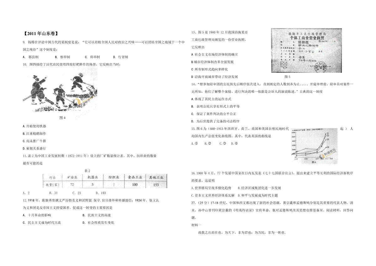 2011年高考真题 历史(山东卷)（原卷版）