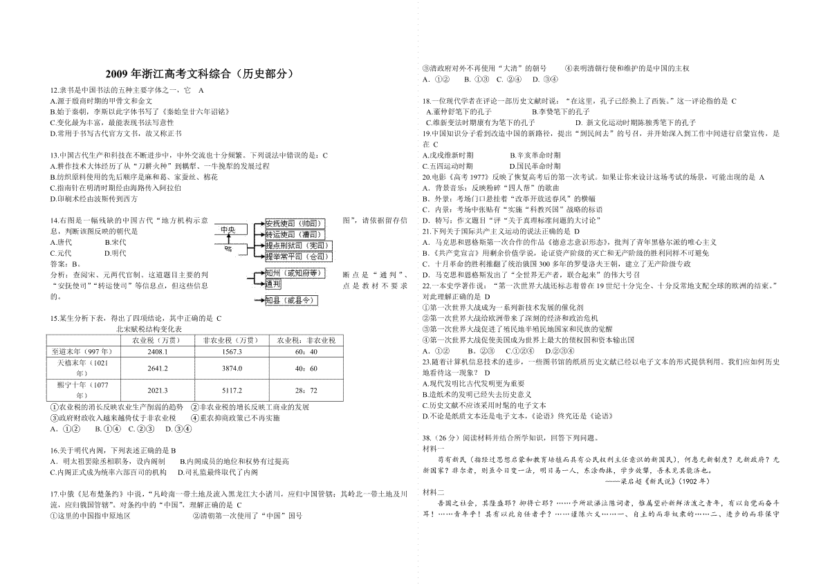 2009年浙江省高考历史（含解析版）