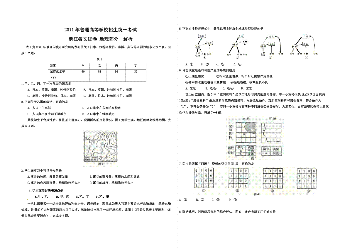 2011年浙江省高考地理（原卷版）