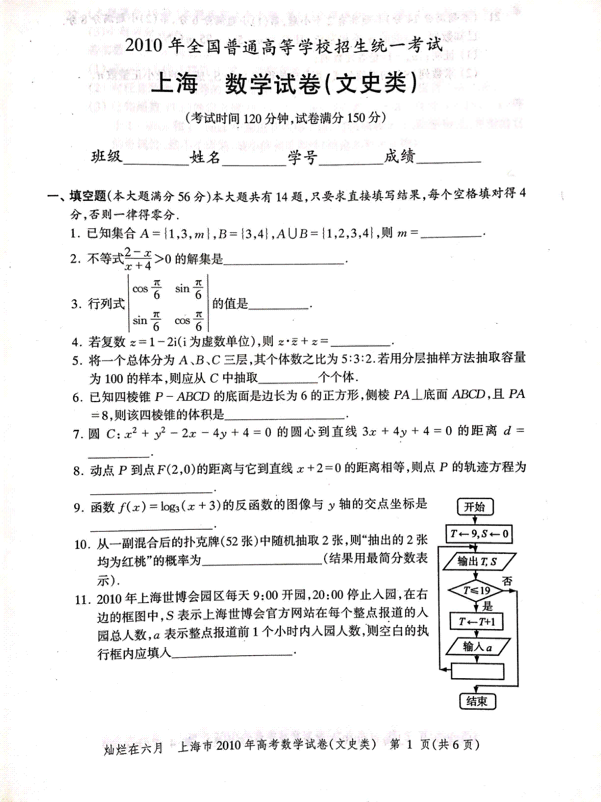 2010年上海高考数学文科真题试卷（PDF版）